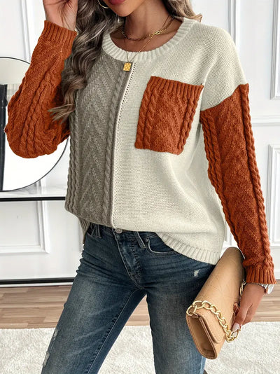 Chic Color Block Crew Neck Sweater for Women's