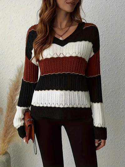 Elegant Striped V-Neck Sweater for Women's