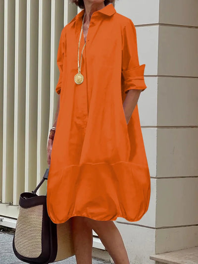 Long Sleeves Loose Solid Color Lapel Collar Midi Dresses Shirt Dress