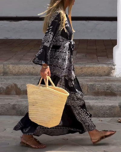 Trendy V-Neck Bell Sleeve Maxi Dress