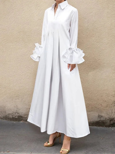 Flared Sleeves Pleated Solid Color Split-Joint Lapel Maxi Dresses Shirt Dress