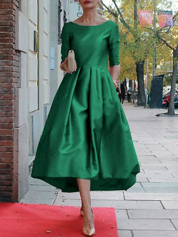 A-Line Loose Pleated Pockets Solid Color Split-Joint Round-Neck Midi Dresses