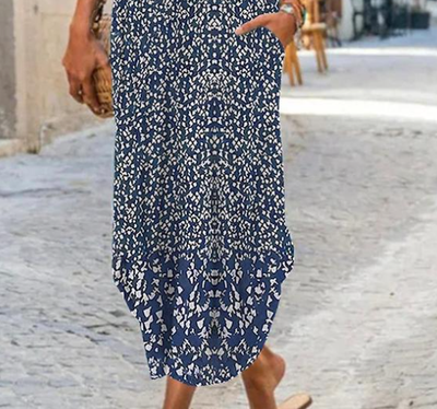 Royal Blue White Floral Print Round Collar Maxi Dress