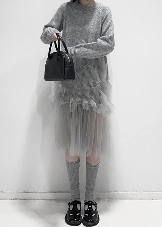 Art Grey Ruffled Solid Tulle Patchwork Knit Dress Fall