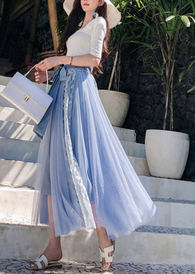 Bohemian Blue Cinched Patchwork tulle Skirts Spring