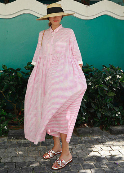 Bohemian Pink Peter Pan Collar Striped Button Pockets Wrinkled Long Dresses Half Sleeve