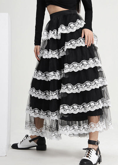 Boho Black Ruffled Patchwork Tulle Skirt Spring