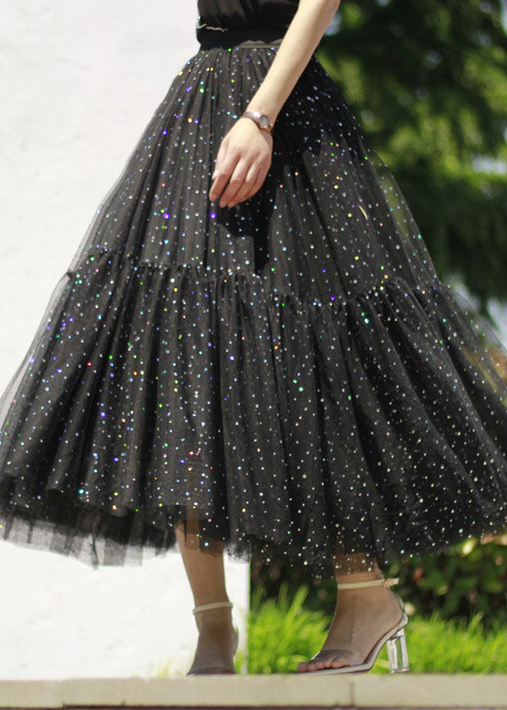 Boho Black Sequins Patchwork tulle Skirt Spring