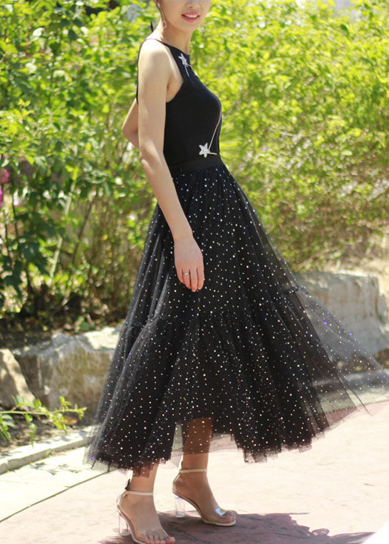 Boho Black Sequins Patchwork tulle Skirt Spring