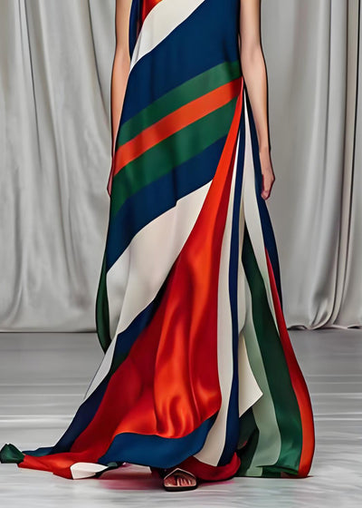 Boho Colorblock Cold Shoulder Draping Silk Long Dresses Sleeveless