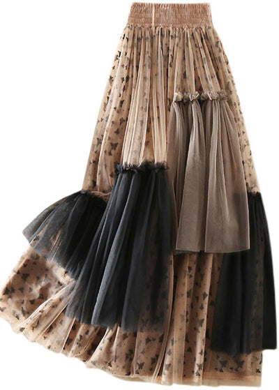 Boho Khaki Asymmetrical Print Tulle Skirts Spring