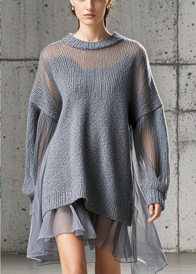 Boutique Grey Oversized Patchwork Tulle Knit Day Dress Fall