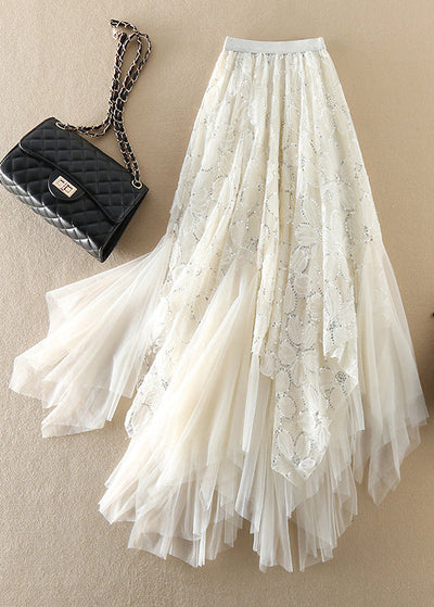 Casual White Sequins asymmetrical design Tulle Skirts Spring