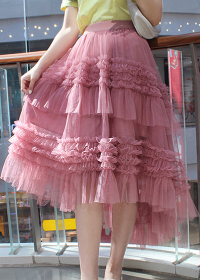 Chic Pink Ruffled asymmetrical design tulle Skirts Spring