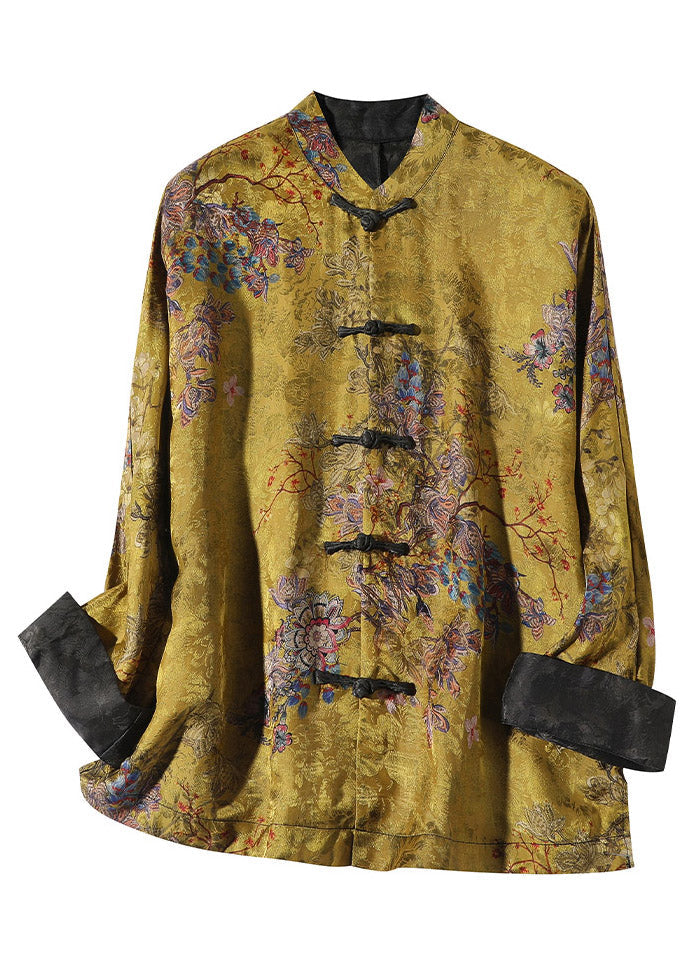 Chinese Style Golden Brown Stand Collar Button Print Silk Coats Long Sleeve