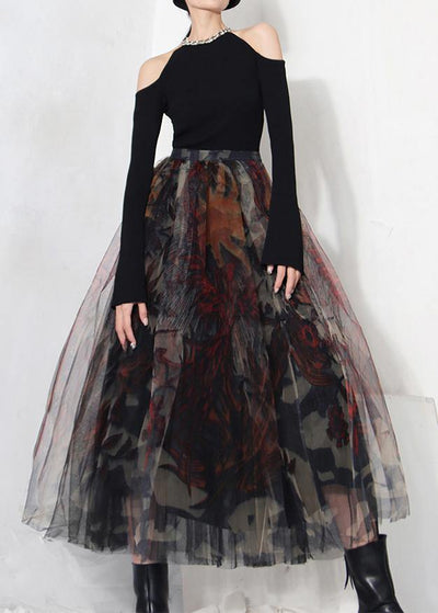 Fine Black Print Lace A Line Tulle Skirts Summer