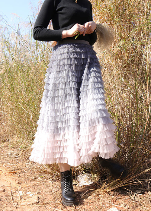 Fine Blue Patchwork Gradient color tulle Skirt Spring