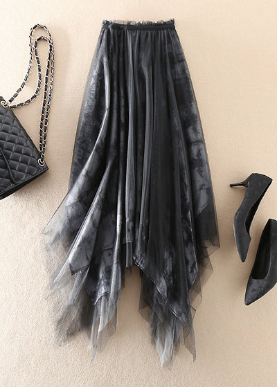 French Black Asymmetrical Tie Dye Tulle Skirts Spring