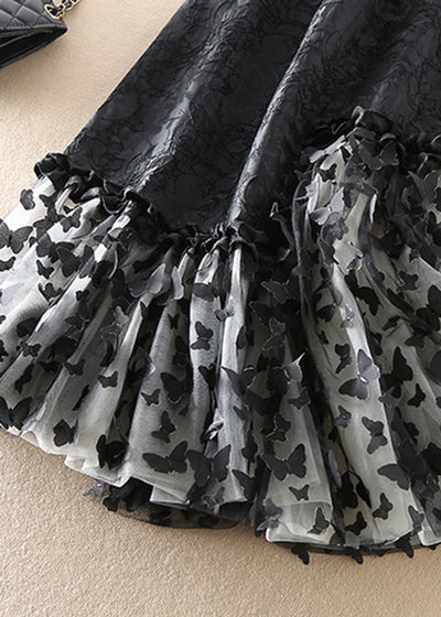 French Black Jacquard Patchwork Bow Tulle Skirts Spring