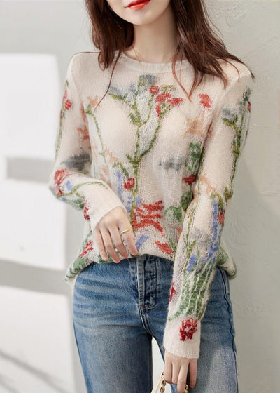 French O-Neck Floral Hollow Out Knit Sweaters Spring