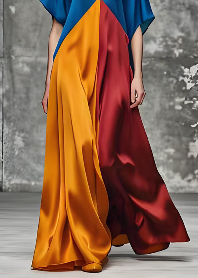 Italian Colorblock V Neck Loose Silk Long Dress Summer