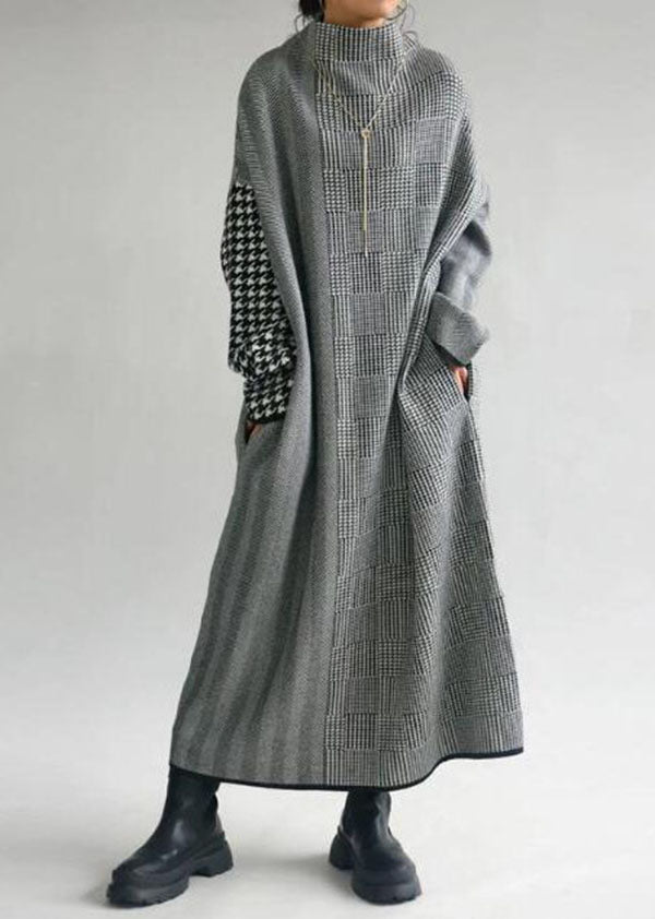 Italian Grey Plaid Hign Neck Patchwork Long Knit Dress Fall