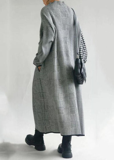 Italian Grey Plaid Hign Neck Patchwork Long Knit Dress Fall