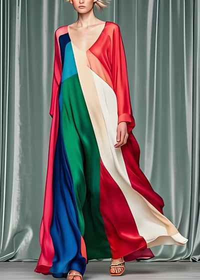 Loose Colorblock V Neck Patchwork Silk Dress Long Sleeve