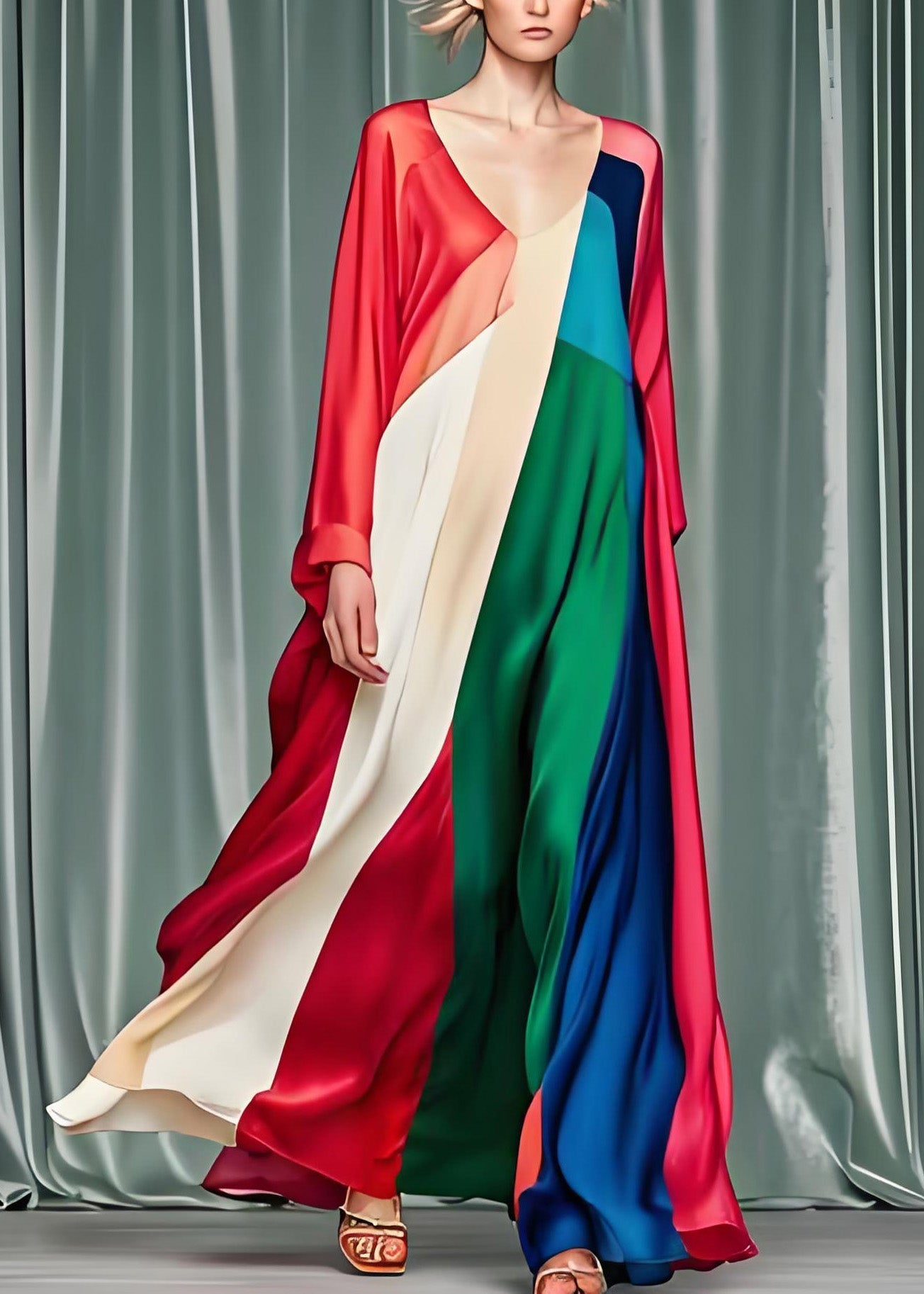 Loose Colorblock V Neck Patchwork Silk Dress Long Sleeve