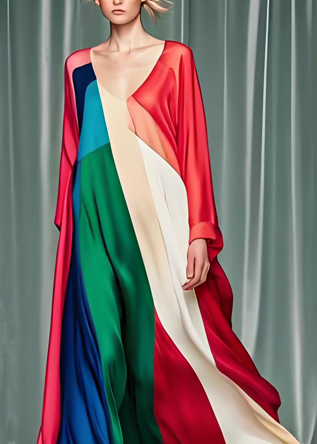 Loose Colorblock V Neck Patchwork Silk Dress Long Sleeve