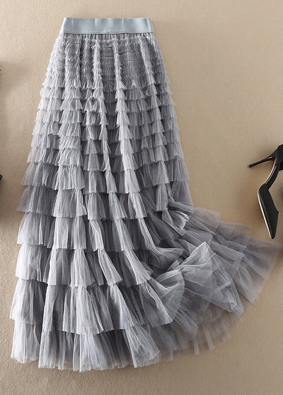 Loose Grey elastic waist Patchwork Tulle Skirt Spring