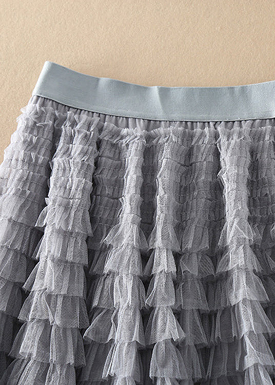 Loose Grey elastic waist Patchwork Tulle Skirt Spring