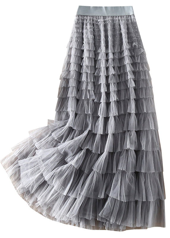 Loose Grey elastic waist Patchwork Tulle Skirt Spring