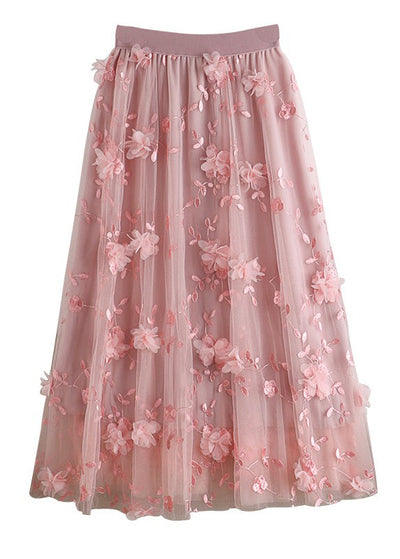 Natural Pink Embroideried Floral tulle Skirts Spring