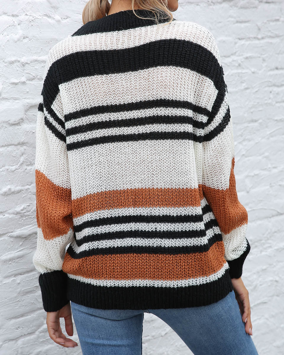 Contrast Striped Round Neck Long Sleeve Sweater