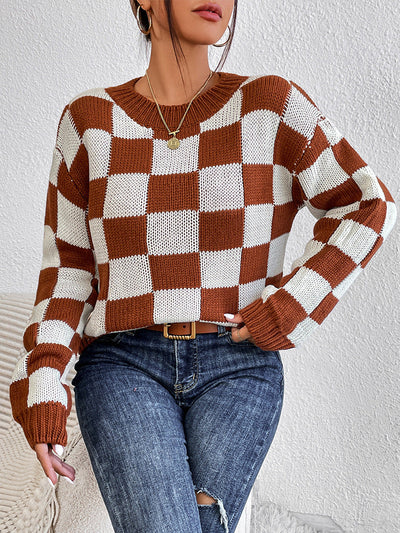 Women's Checkered Crew Neck Long Sleeve Sweater