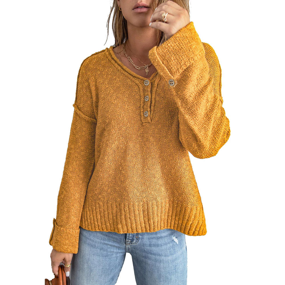 Loose Button Knitted Drop Shoulder Sweater Women