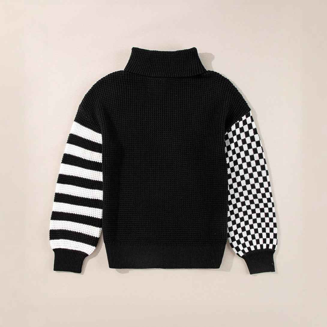 Checkered Striped Turtleneck Long Sleeve Sweater