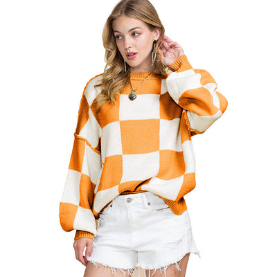 Women's Casual Style Plaid Contrast Color Sweater