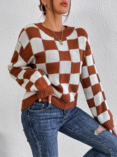 Women's Checkered Crew Neck Long Sleeve Sweater