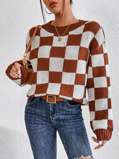 Women's Checkered Crew Neck Long Sleeve Sweater