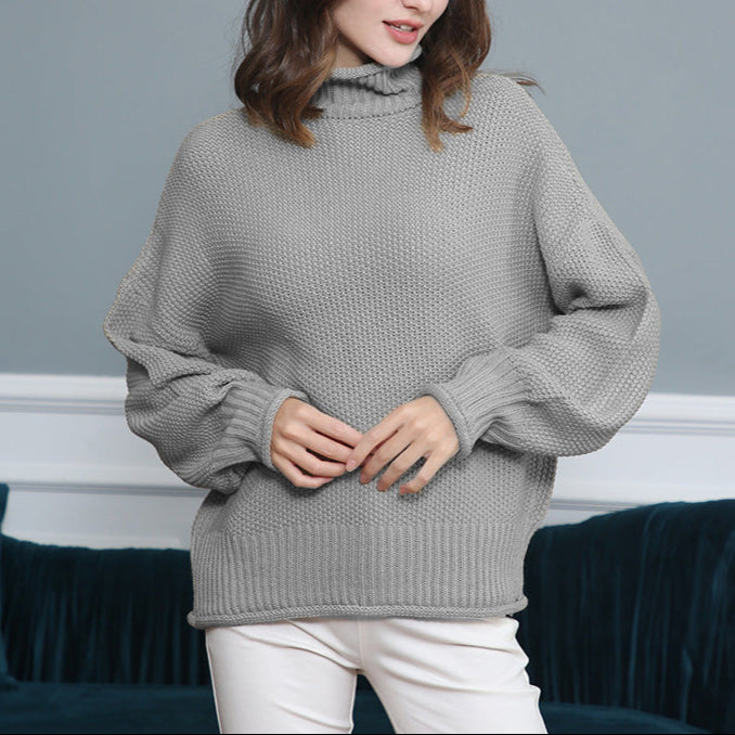 Long Sleeved High Collar Solid Color Knitted Sweater