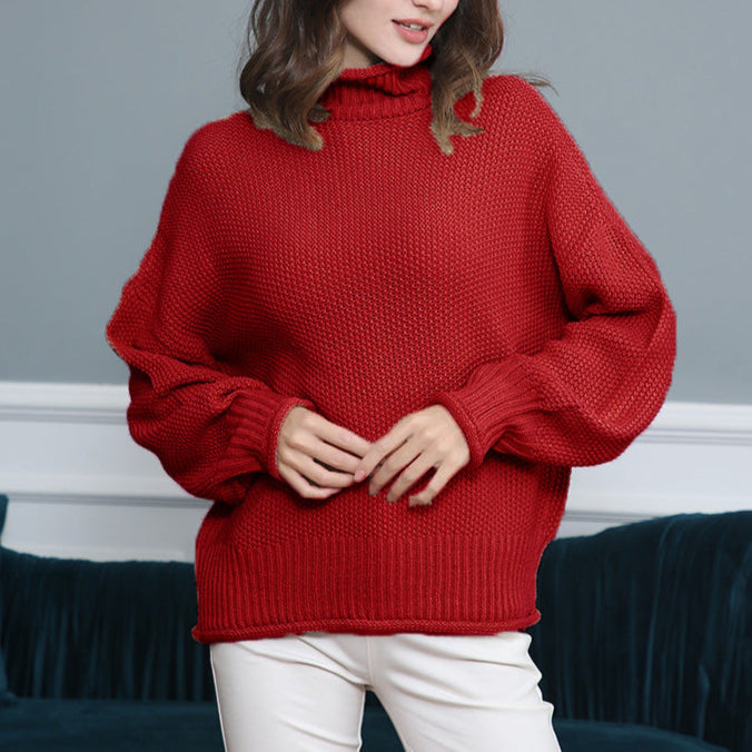 Long Sleeved High Collar Solid Color Knitted Sweater