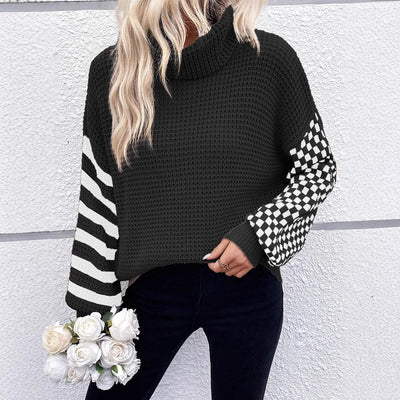 Checkered Striped Turtleneck Long Sleeve Sweater