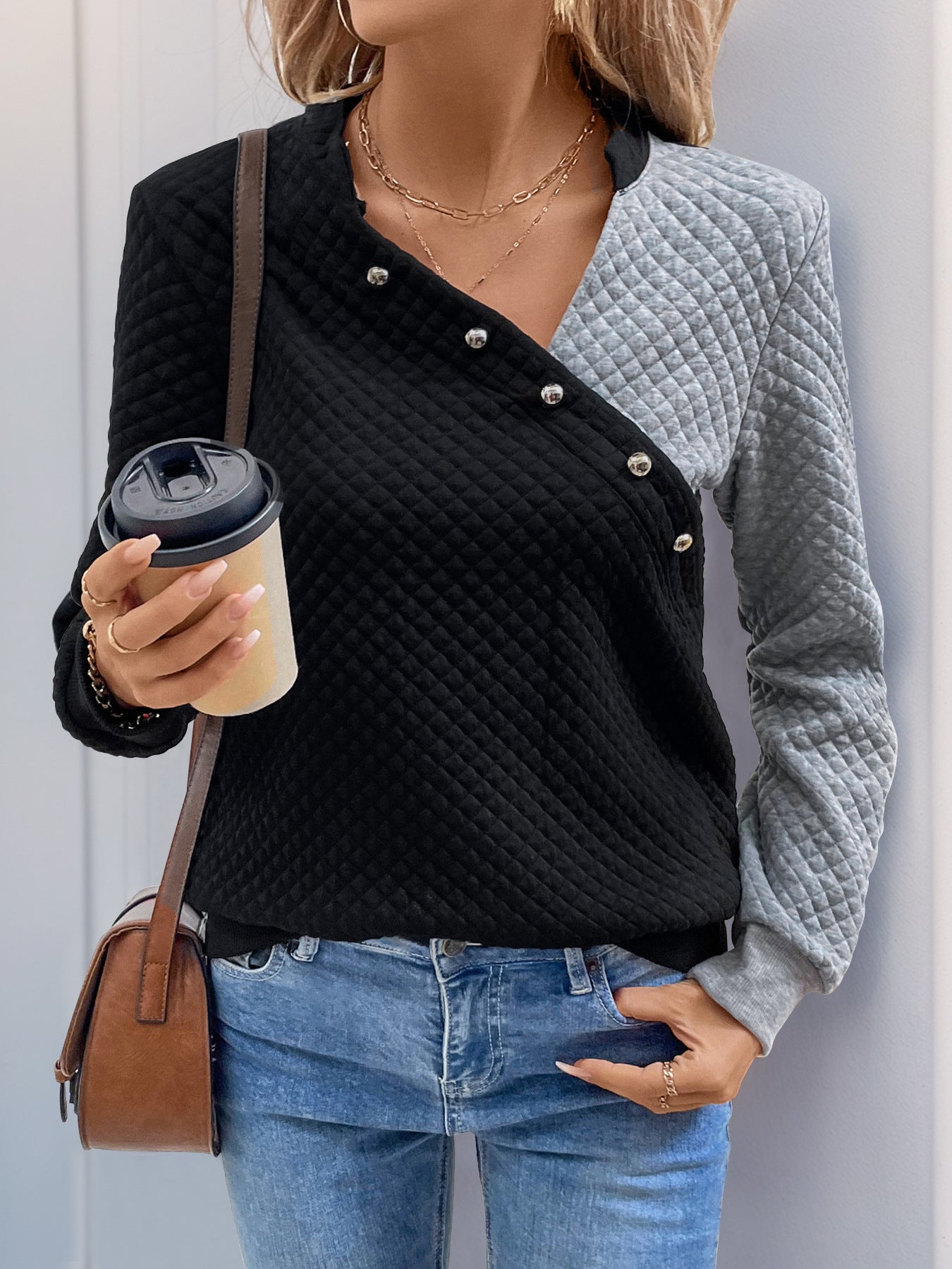 Decorative Button Contrast Long Sleeve Sweater