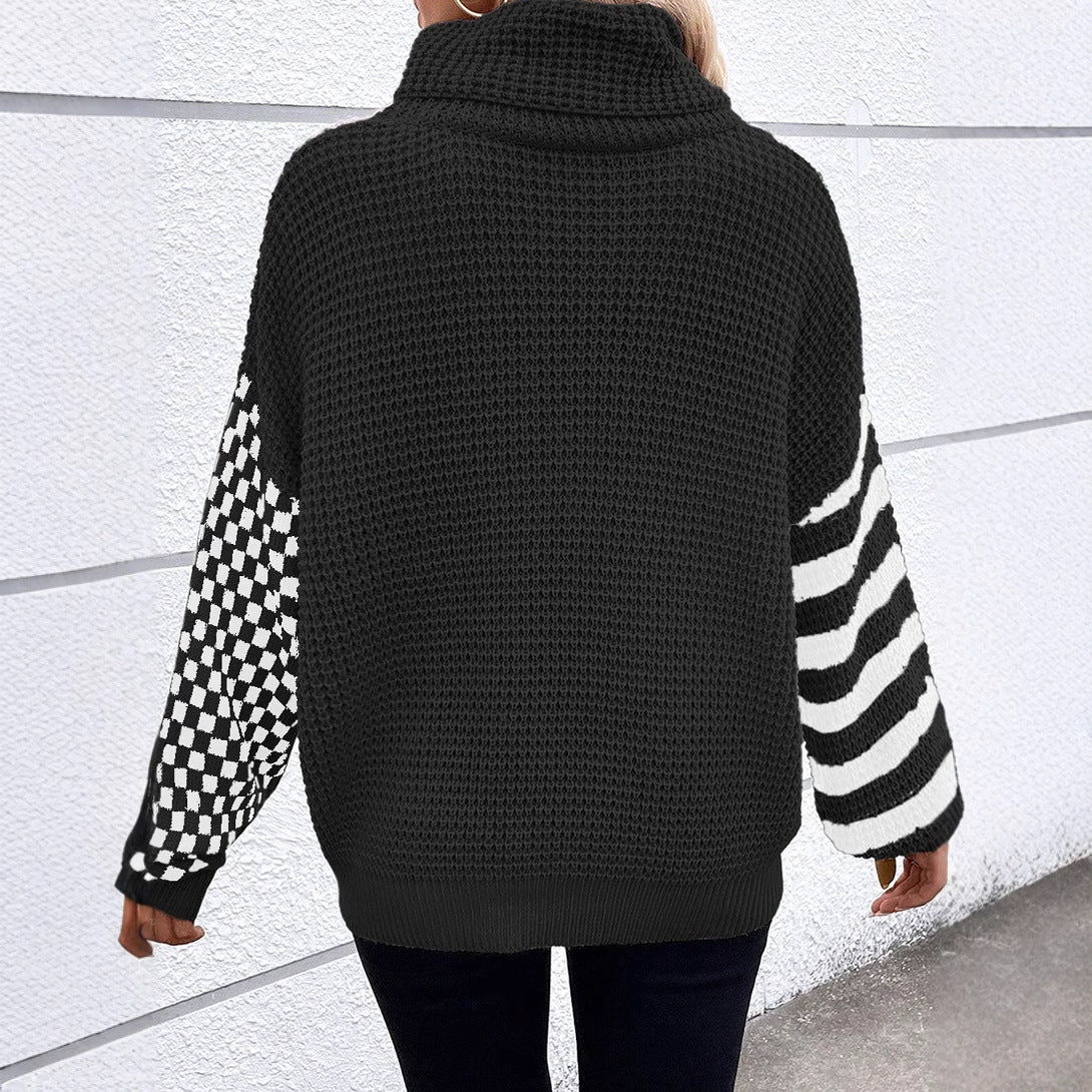 Checkered Striped Turtleneck Long Sleeve Sweater