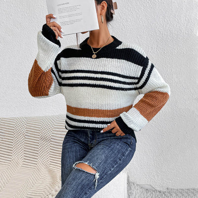 Contrast Striped Round Neck Long Sleeve Sweater