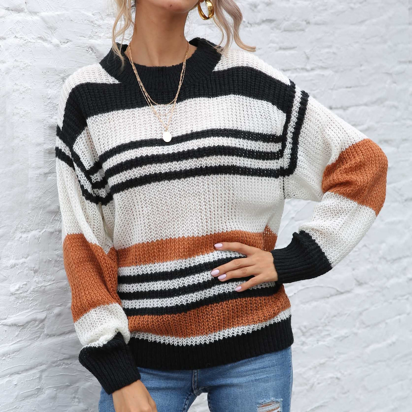 Contrast Striped Round Neck Long Sleeve Sweater