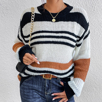 Contrast Striped Round Neck Long Sleeve Sweater