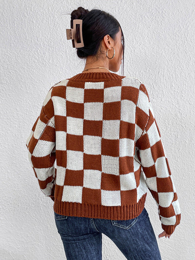 Women's Checkered Crew Neck Long Sleeve Sweater